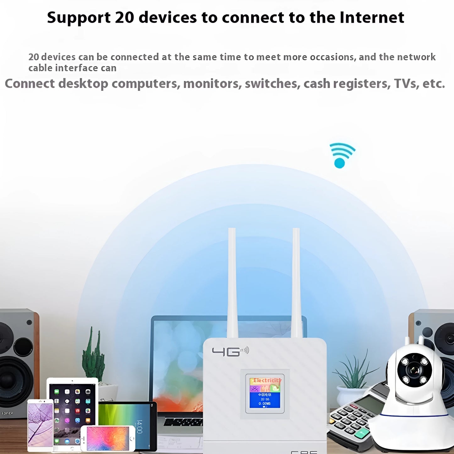 CPF903 white 4G LTE router with two black external antennas attached, alongside USB cable and power adapter.