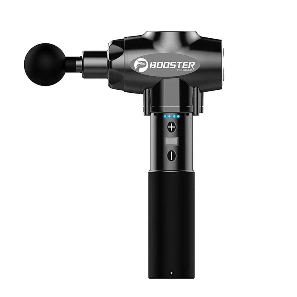 Black and white percussion massage gun with deep 12mm stroke on a gym towel.