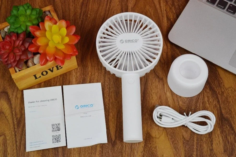 White ORICO FH1 USB rechargeable desk fan with fine-line detailing showing compact 215mm design