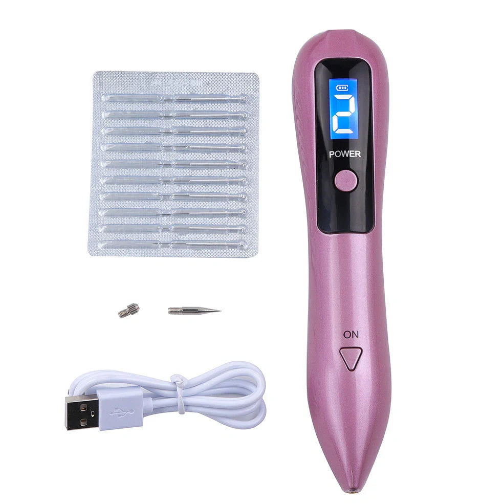 Laser beauty point pen with LCD display showing power level, stainless steel tip, and USB charging port