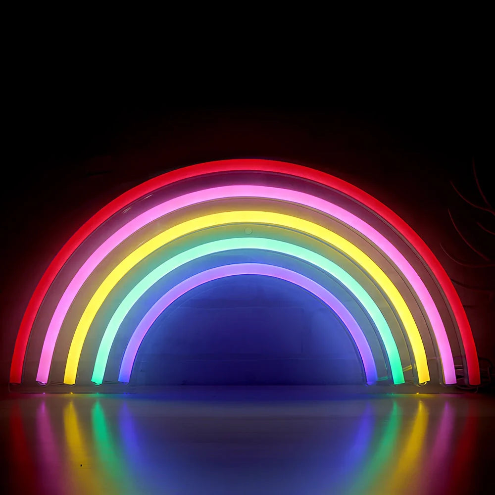 LED neon decorative light with acrylic back panel showing USB power connection and multiple design options