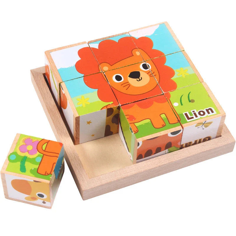 Premium 3D wooden puzzle cubes with vibrant patterns for educational and cognitive development in children
