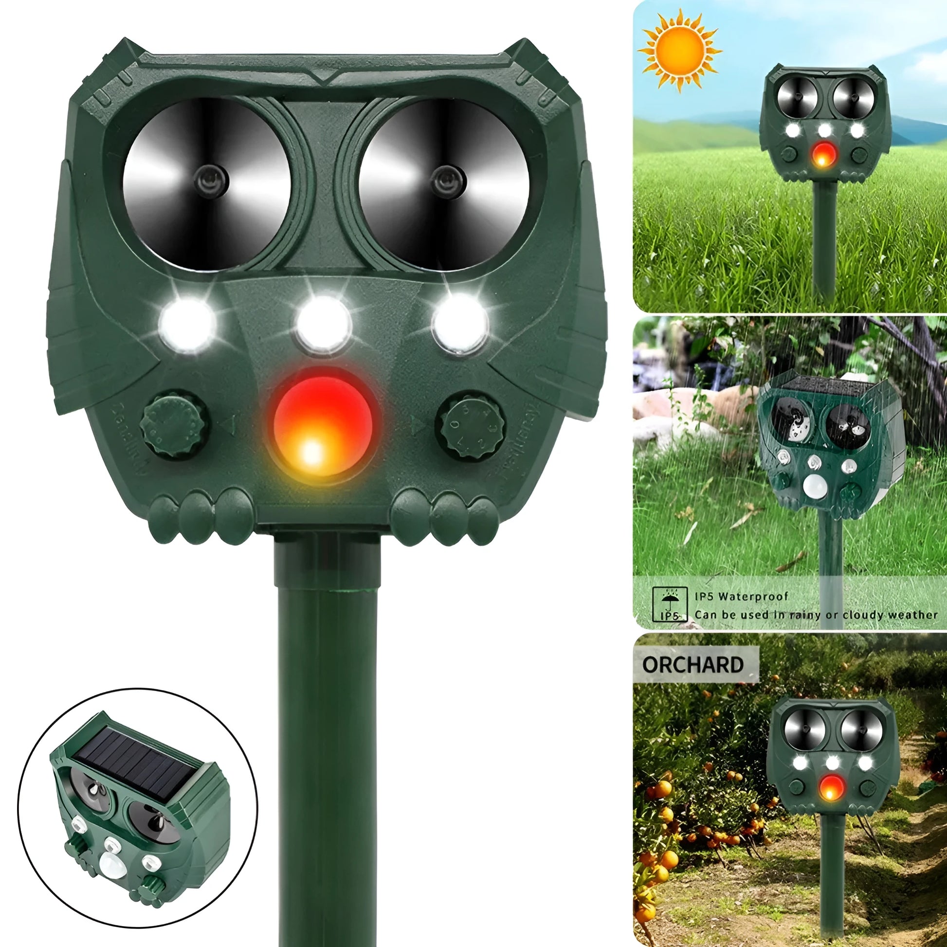 Green solar-powered ultrasonic dog and pest repeller unit for outdoor garden protection