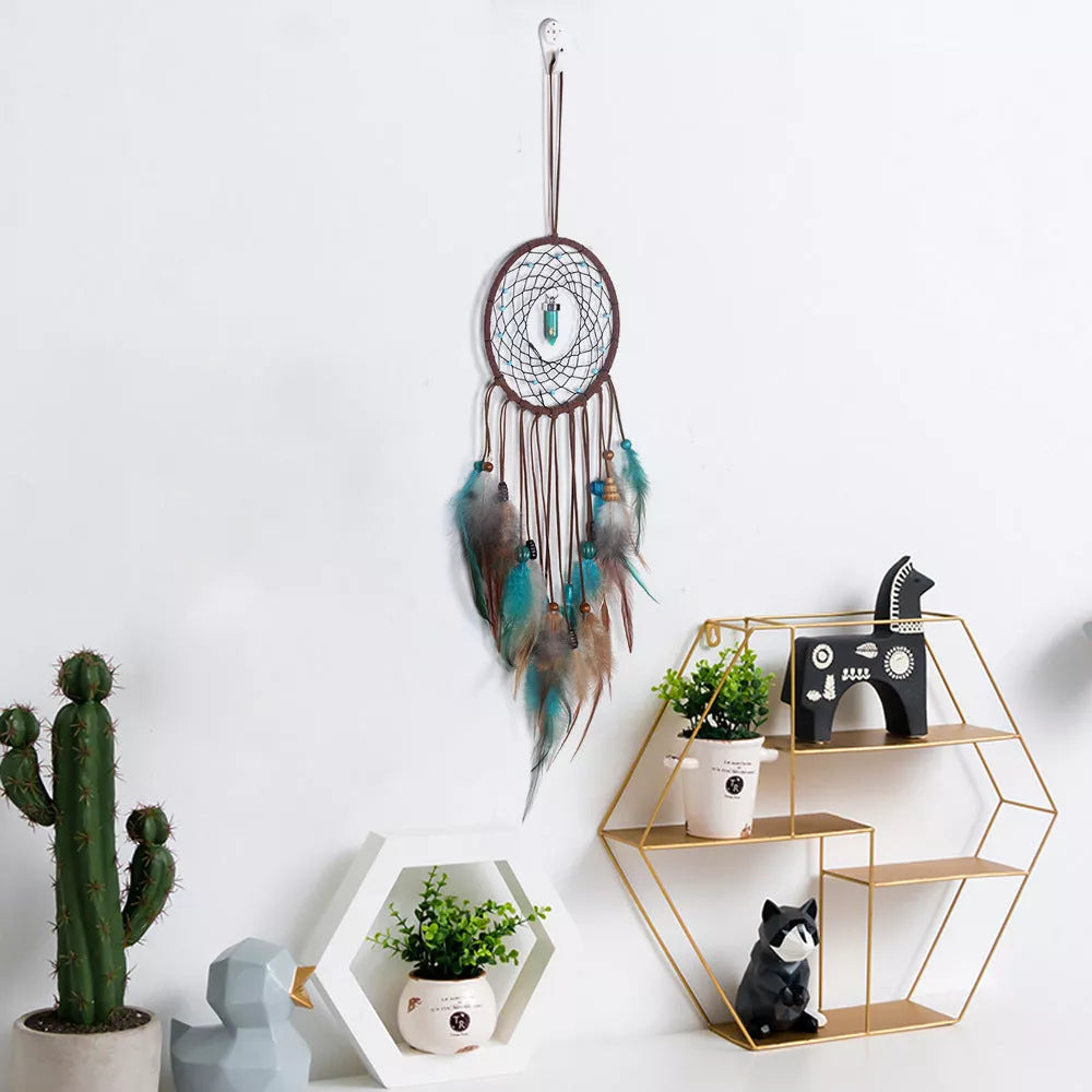 Handmade turquoise dream catcher with feathers and iron ring