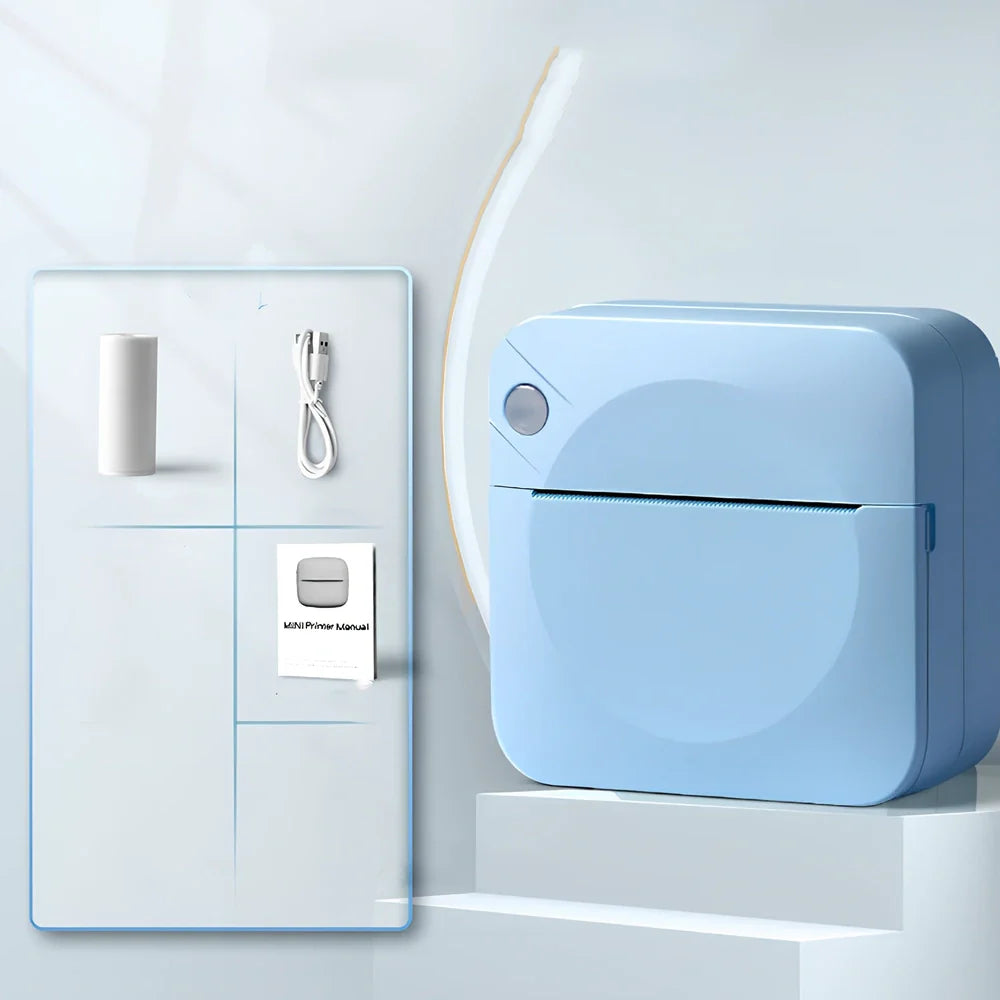 Blue mini thermal printer measuring 80x80x35mm with Bluetooth connectivity for student study organisation