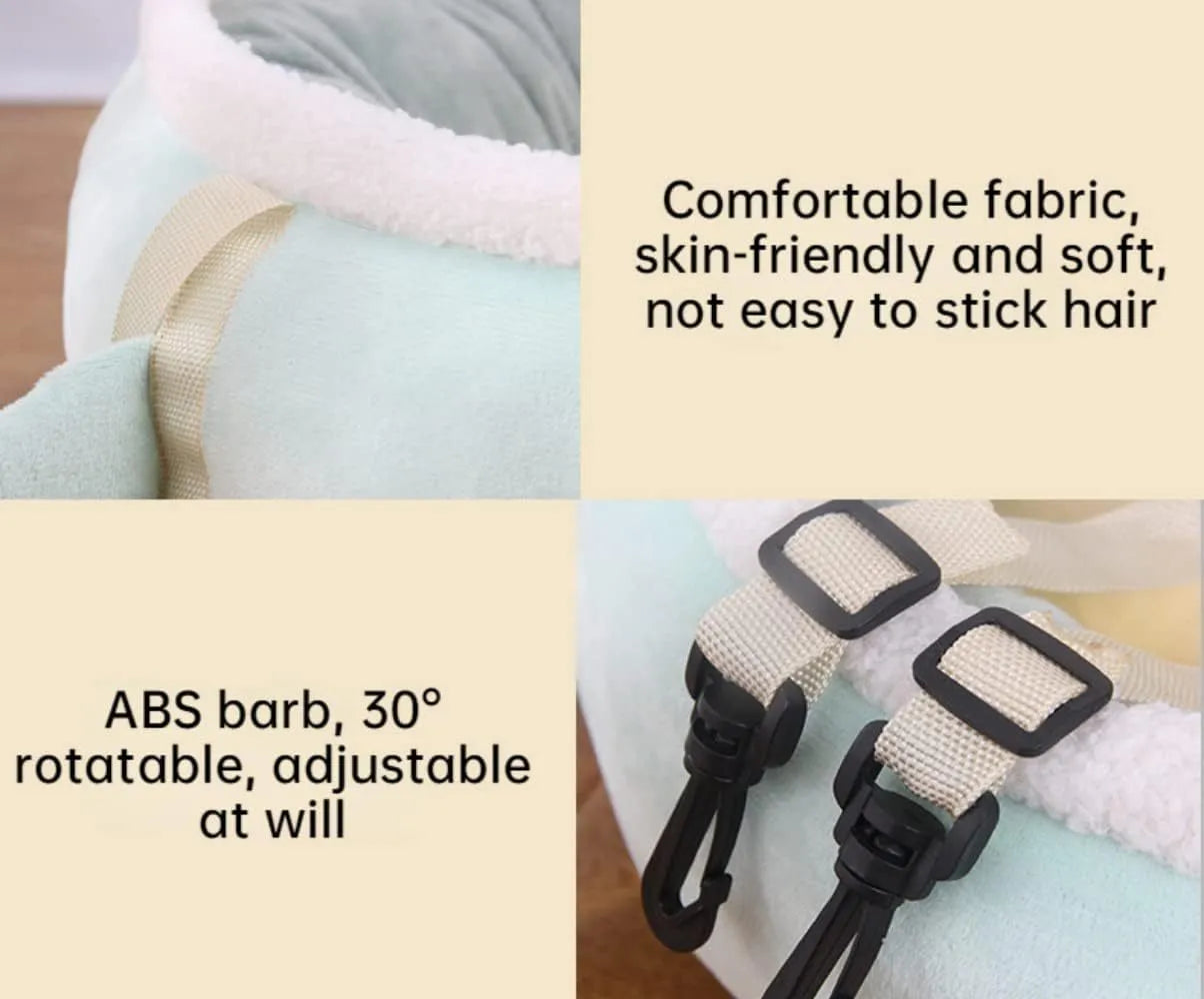 Green chick-shaped cat bed laid flat with hanging straps attached, suitable for small cats