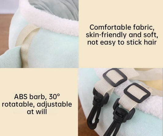Green chick-shaped cat bed laid flat with hanging straps attached, suitable for small cats