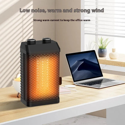 Black remote control desktop heater with shaking head, dimensions 14.5cm by 10cm by 26cm
