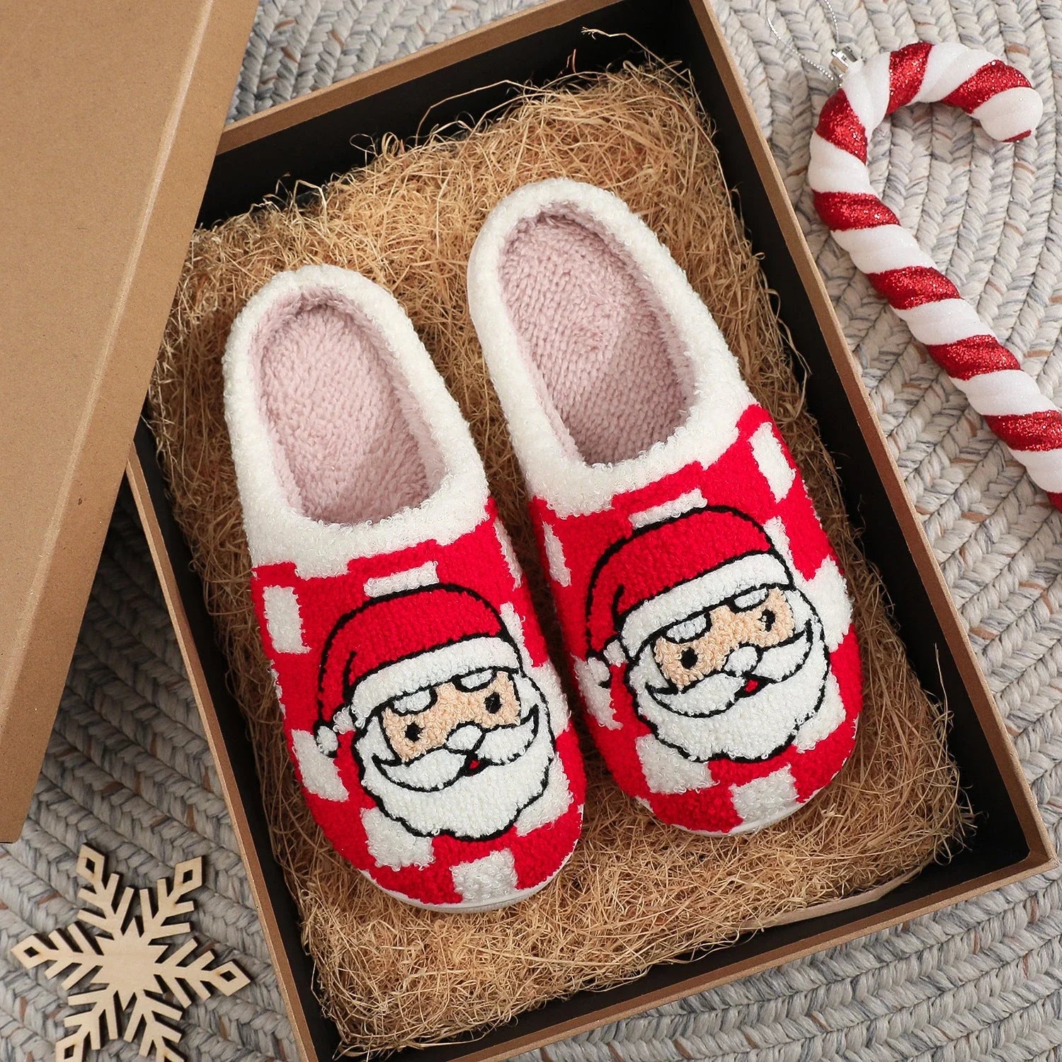 Cozy plaid Christmas slippers with soft, plush fabric and non-slip sole for indoor wear