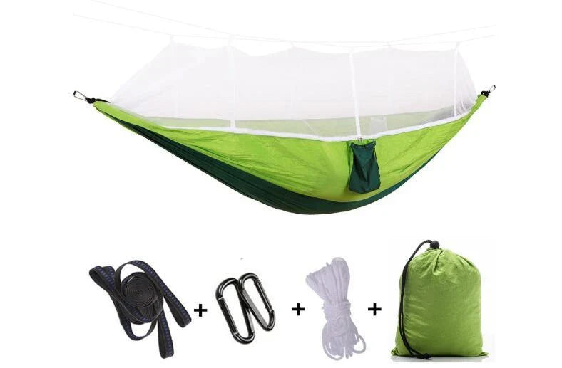 Lightweight and portable parachute hammock with mosquito net for outdoor relaxation