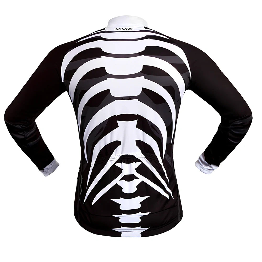 Long sleeve mountain bike cycling jersey in black white with breathable mesh underarms and reflective back for night rides, sizes S-XXL
