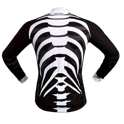 Long sleeve mountain bike cycling jersey in black white with breathable mesh underarms and reflective back for night rides, sizes S-XXL