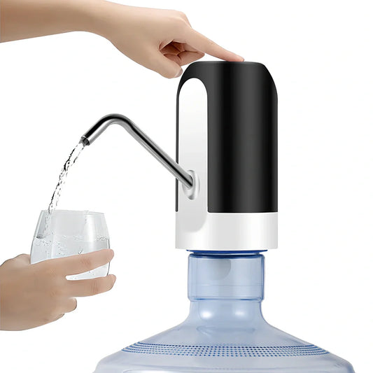 Black automatic drinking water pump dispenser with USB cable on kitchen countertop