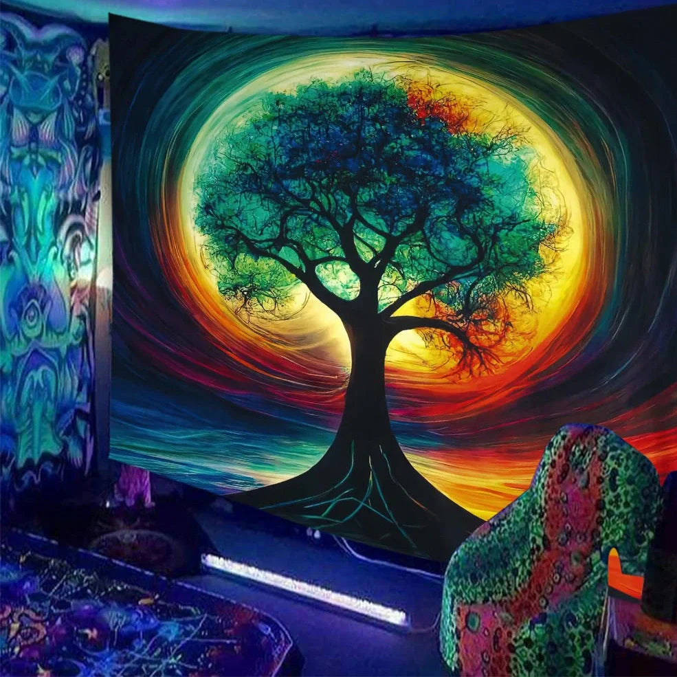 Skull print fluorescent wall tapestry showing detailed pattern on polyester fabric with hanging accessories