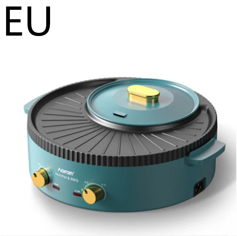 Green multifunctional hot pot and barbecue machine with 1400W power