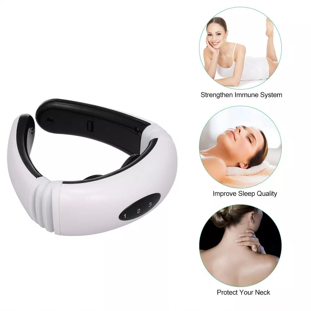 Cervical massager with 6 modes for neck tension relief, white color, includes gel strips