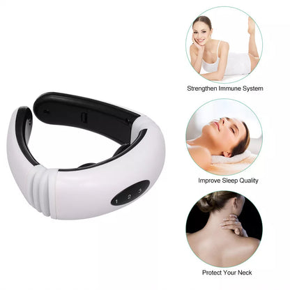 Cervical massager with 6 modes for neck tension relief, white color, includes gel strips