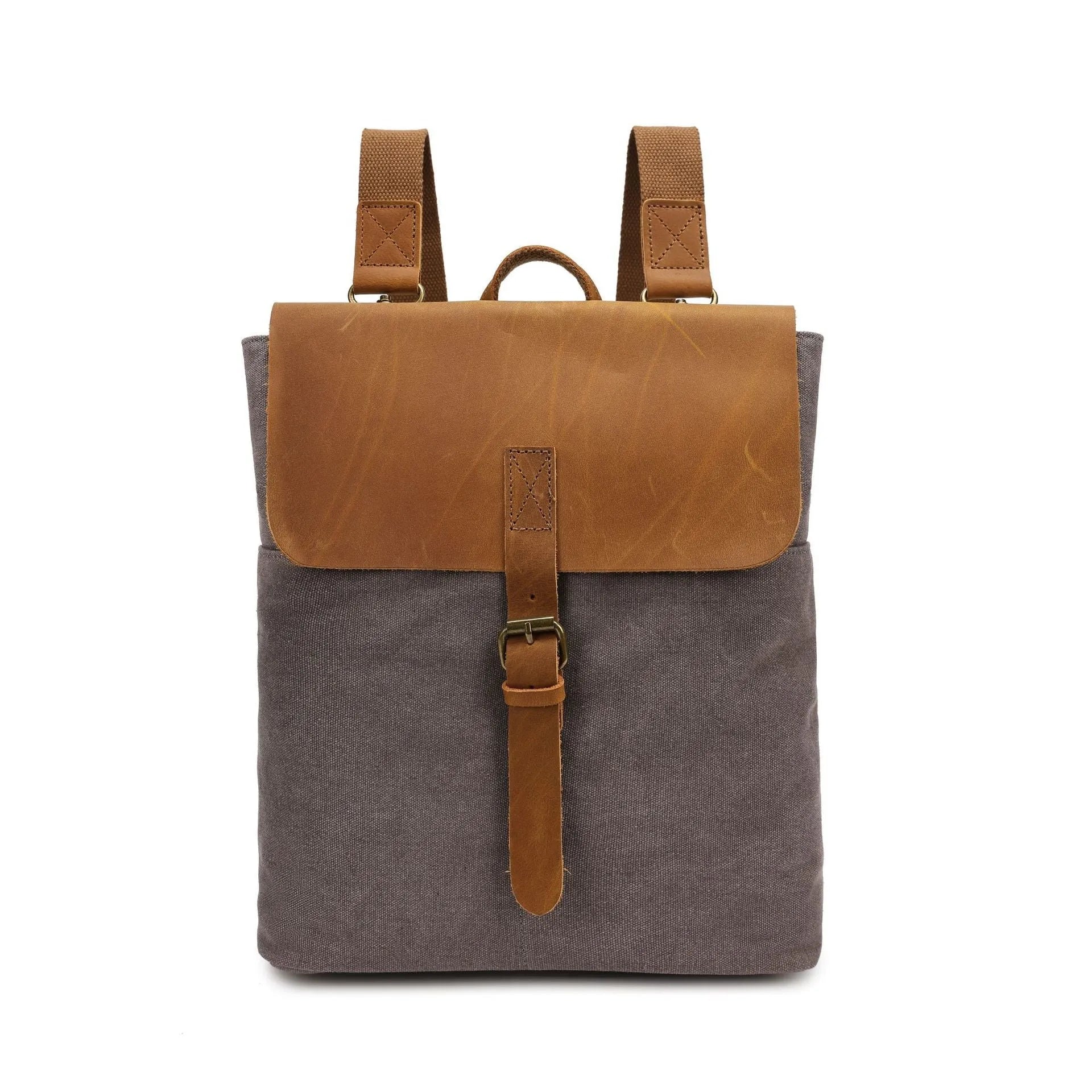 Crazy Horse leather trimmed waterproof canvas backpack in minimalist style, shown in multiple colour options.