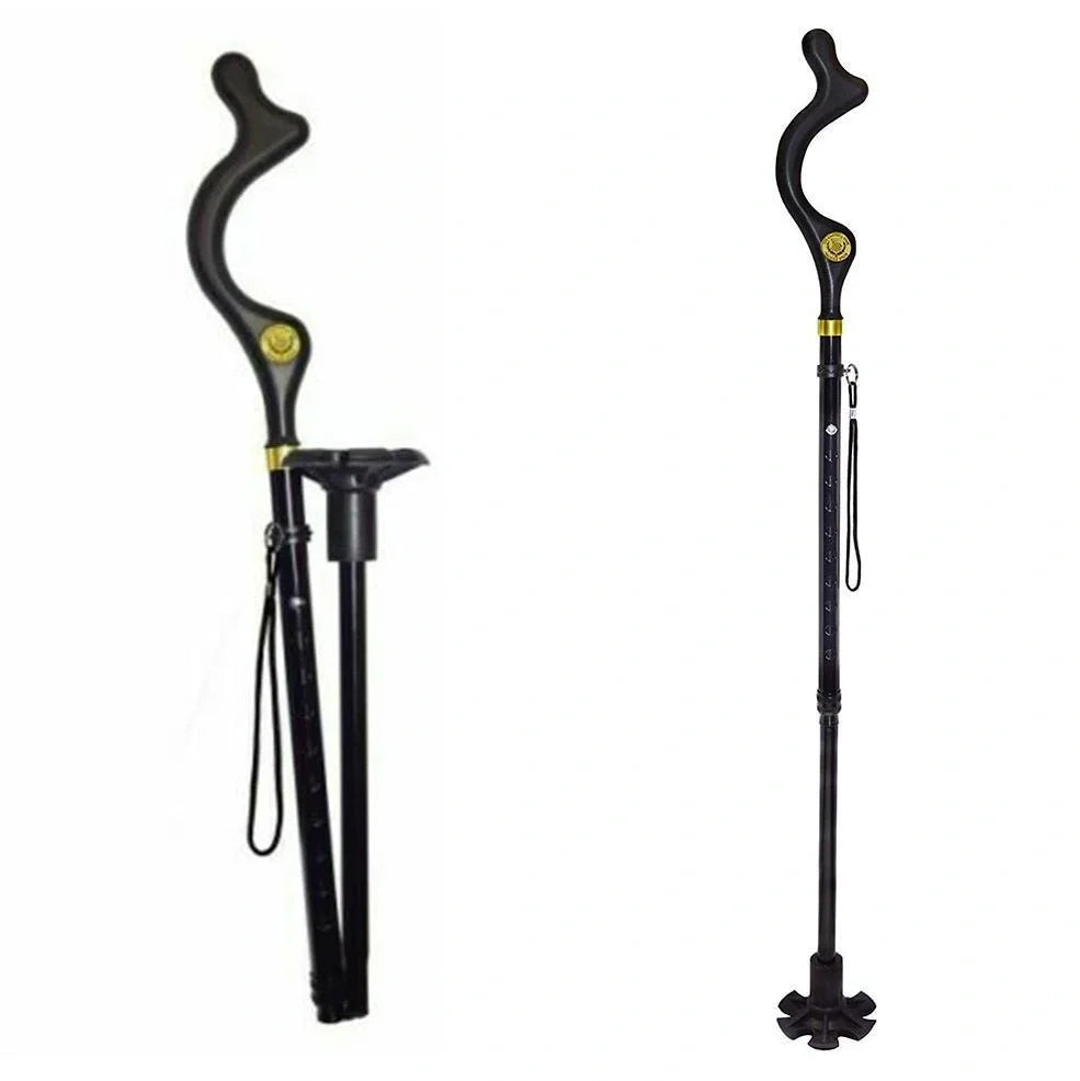 Telescopic folding walking stick with ergonomic handle extended to full height showing 6-tip base design