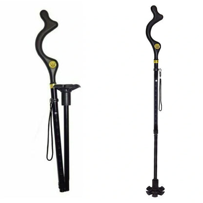 Telescopic folding walking stick with ergonomic handle extended to full height showing 6-tip base design