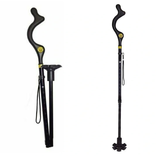 Telescopic folding walking stick with ergonomic handle extended to full height showing 6-tip base design