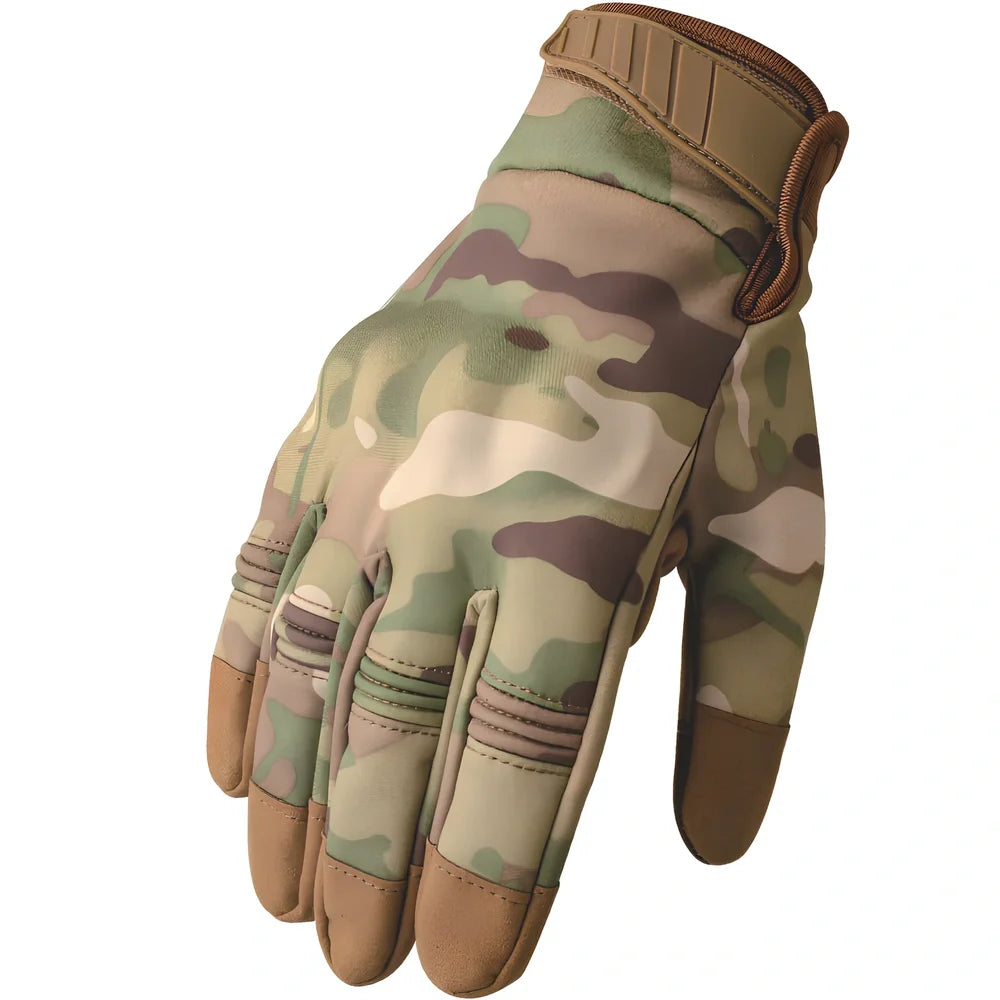 Outdoor tactical gloves with conductive fingertips and reinforced palm grip in camouflage pattern