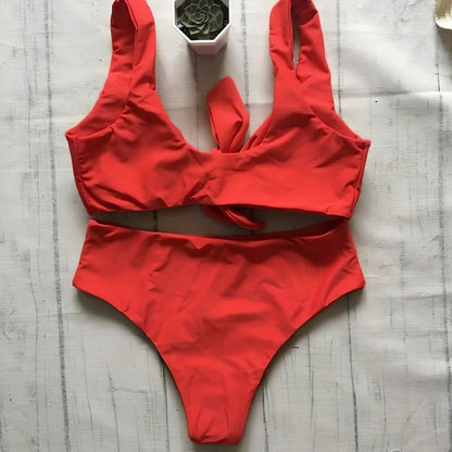Women's solid colour polyester bikini set for swimming with European styling