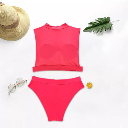 Fluorescent solid bikini swimsuit in yellow, green, and pink, sizes S, M, L