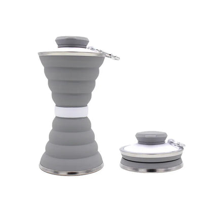Collapsed and expanded states of a 500ml silicone water bottle with hook and hand rope.