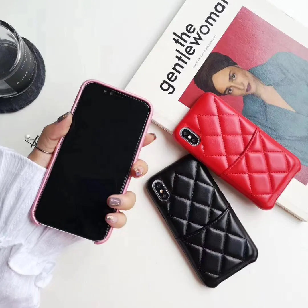 Leather mobile phone case for iPhone XS Max in black, pink, and red colour options.