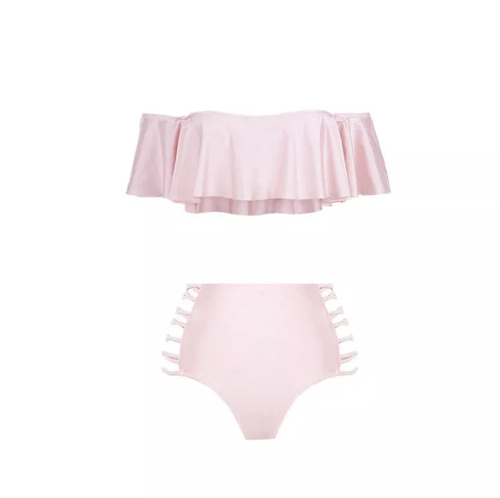 High waist one shoulder split bikini swimsuit with braided detail in various colors