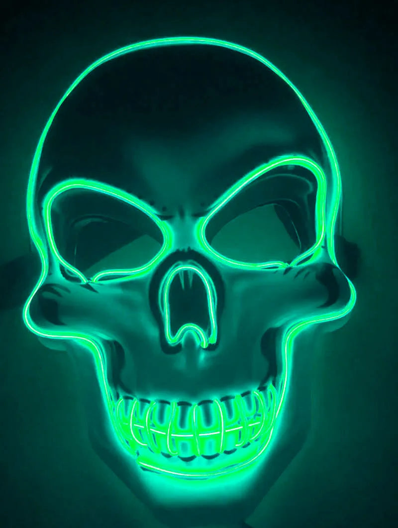 Blue LED glow skeleton mask with flashing lights on a person's face