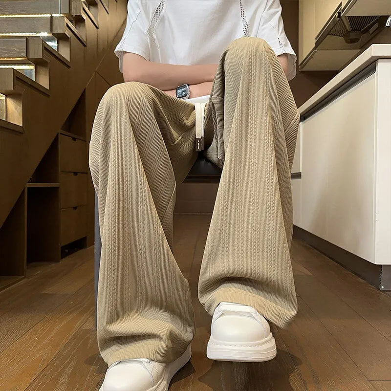 Men's summer loose straight polyester casual trousers in white, black, khaki, or apricot, sizes M to 5XL