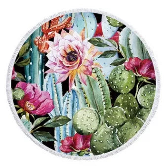 Round microfiber beach towel with cactus design, 60 inches in diameter