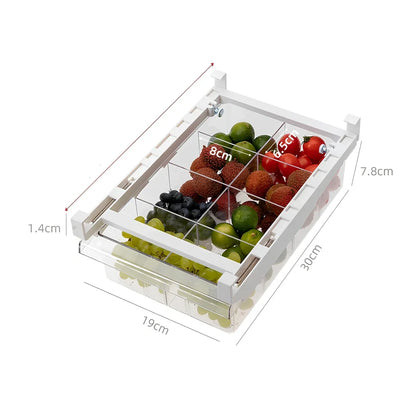 Transparent adjustable fridge egg storage rack with pull-out drawer holding 21 eggs, stackable for kitchen organisation
