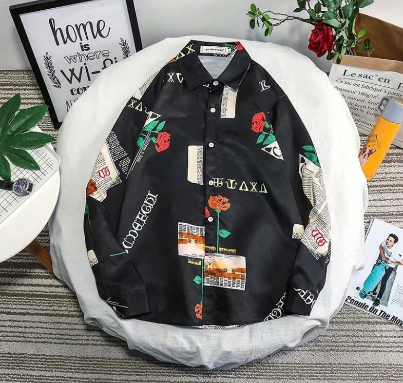 Loose Long Sleeve Tide Brand Shirt in black and white, made from 100% polyester fiber