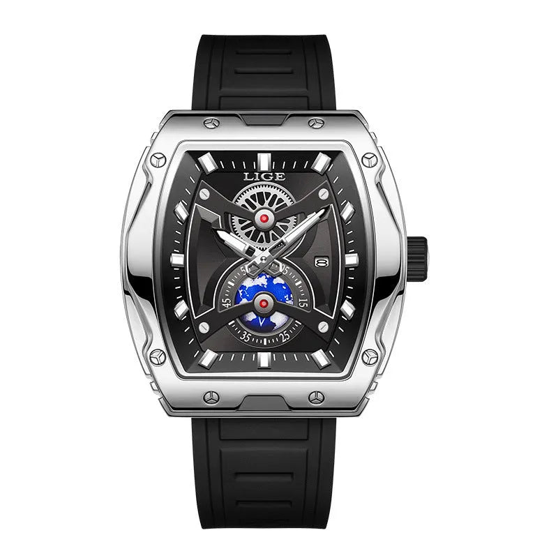 Men's tonneau watch with stainless steel case, silicone strap, and silver blue dial, 15mm thick.