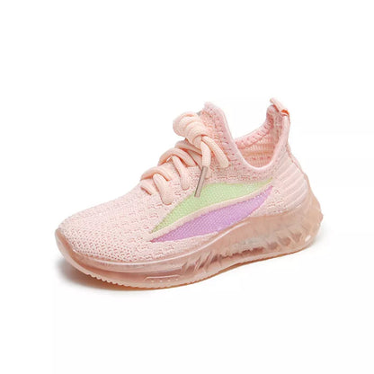 Children's breathable woven sports shoes in white, black, and pink colors