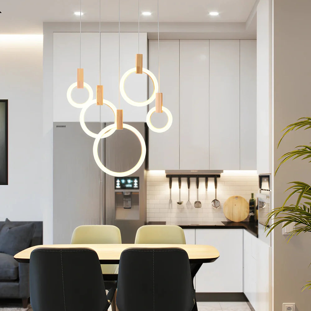 White wooden ring LED lamp with adjustable height mechanism and fishing line chandelier design