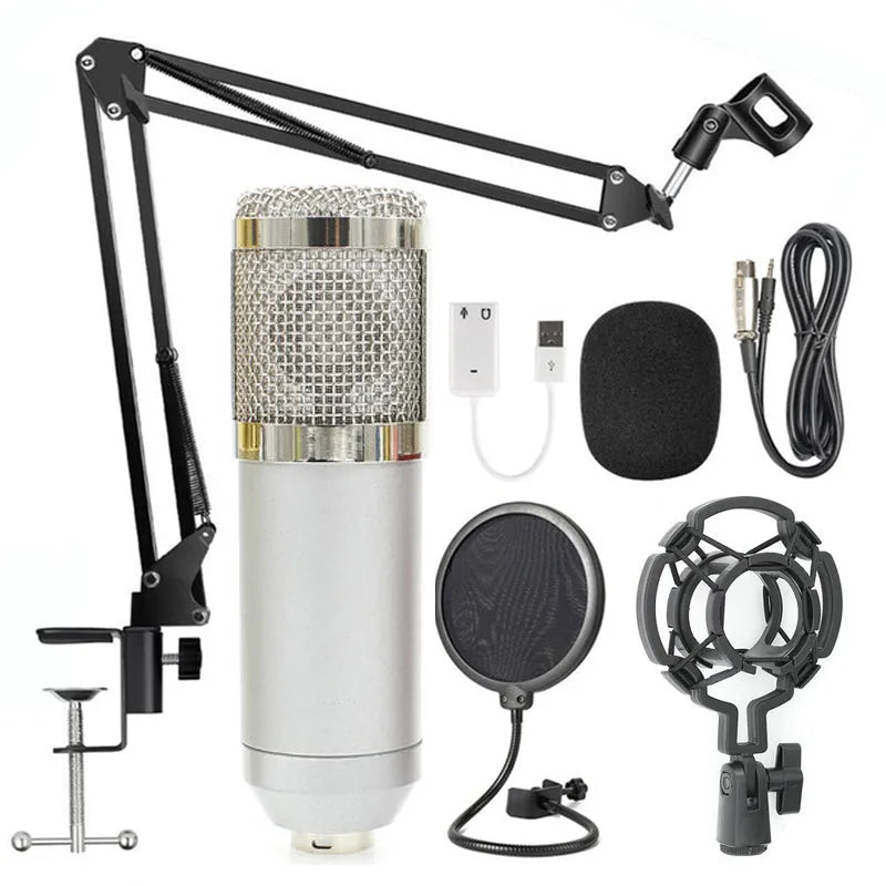 BM-800 condenser microphone stand set with professional recording microphone on desktop