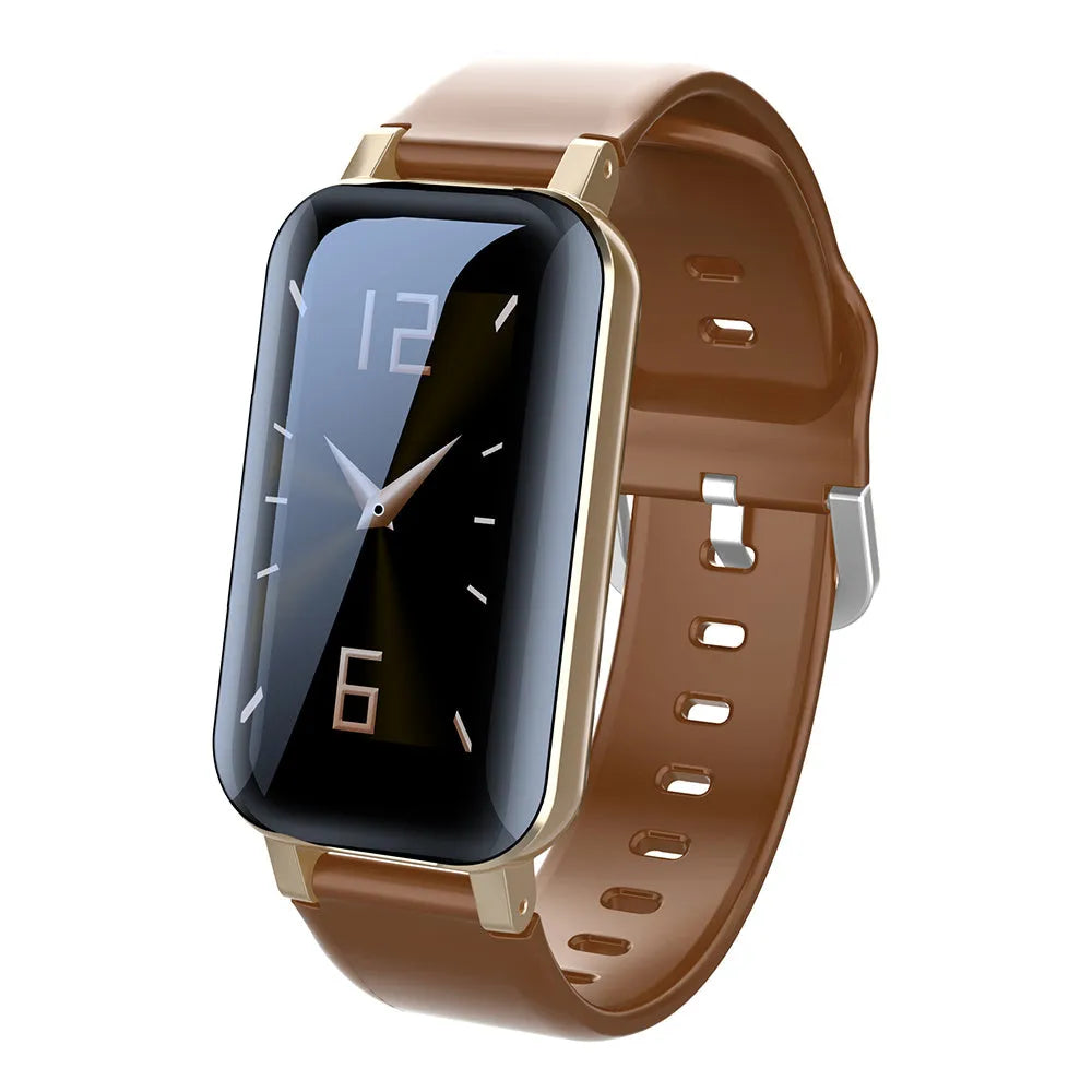 Smart call bracelet with heart rate monitor display in black, blue, and coffee colour options
