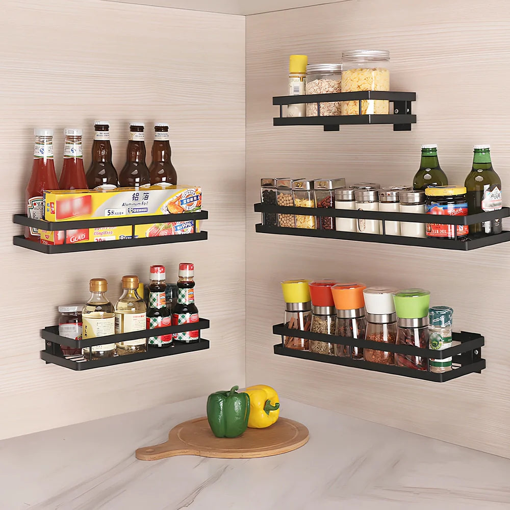 Metal kitchen wall storage shelf holding spice containers and pepper seasoning sprayers in six size options from 20cm to 50cm
