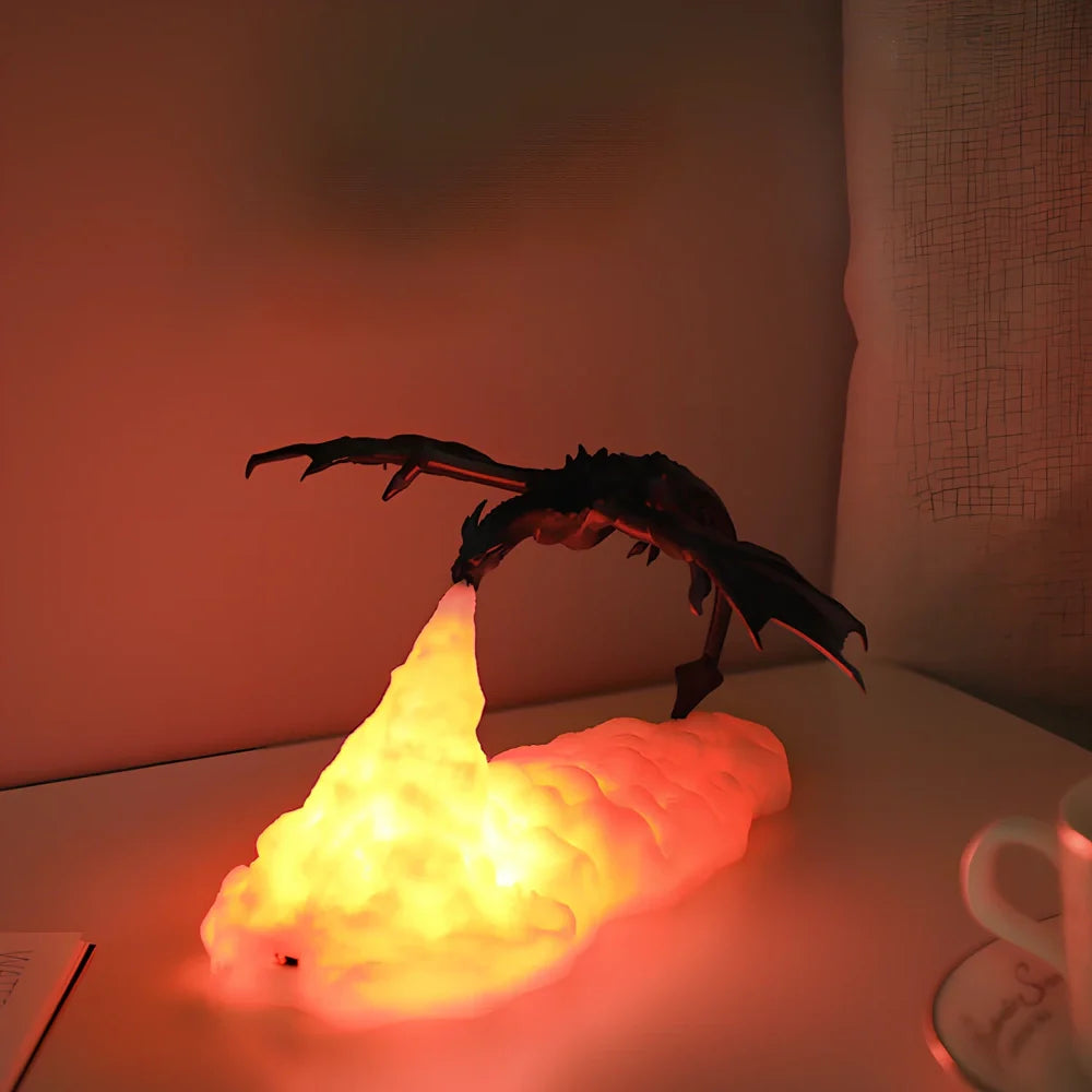 3D printed dragon LED night light with blue colour and fire-breathing illumination effect