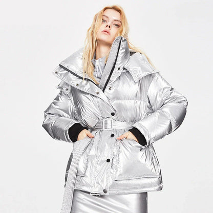 Stylish hooded down jacket for fashionable women in shimmery silver, black, and pink colors