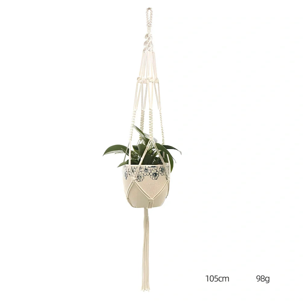 Hand-knitted cotton flowerpot net bag showing mesh pattern and hanging installation