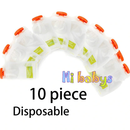 Baby food squeeze station pressing puree into 4-ounce pouch with ABS construction measuring 18x9x22cm