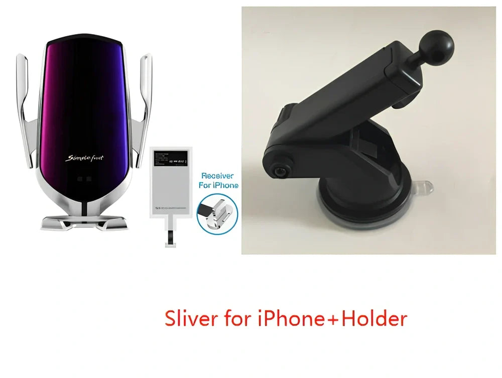 Black car wireless charger phone holder with suction cup mount and 360-degree rotation on a dashboard