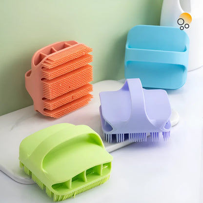 Silicone scalp massager brush with extra-long bristles and ergonomic handle in multiple colours