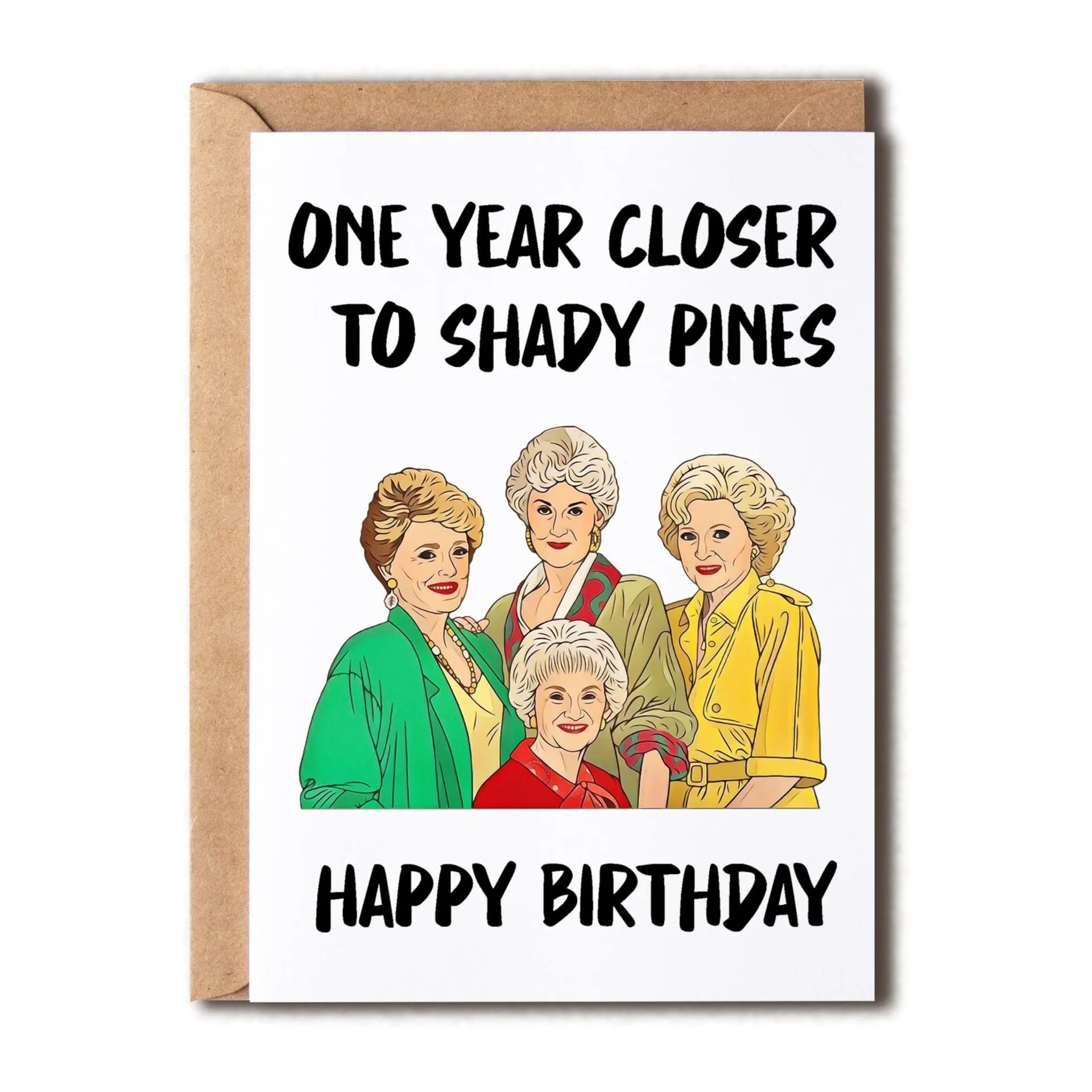 Simple modern birthday greeting card with choice of coloured envelopes: yellow, purple, pink, red, and kraft paper.