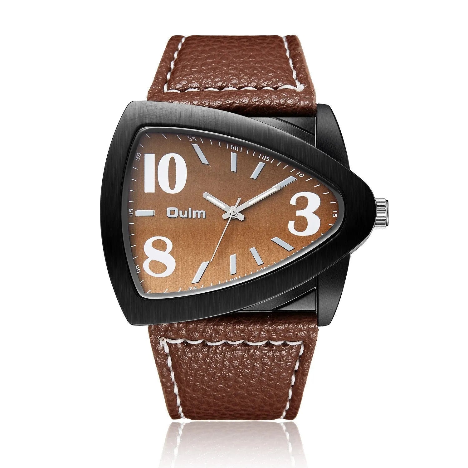 Men's casual triangle belt dial quartz watch with stainless steel bracelet in brown colour.